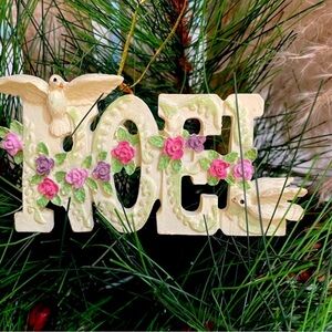 NOEL Shabby Chic Pink Roses & Doves Sparkle Ceramic Christmas Ornament NEW